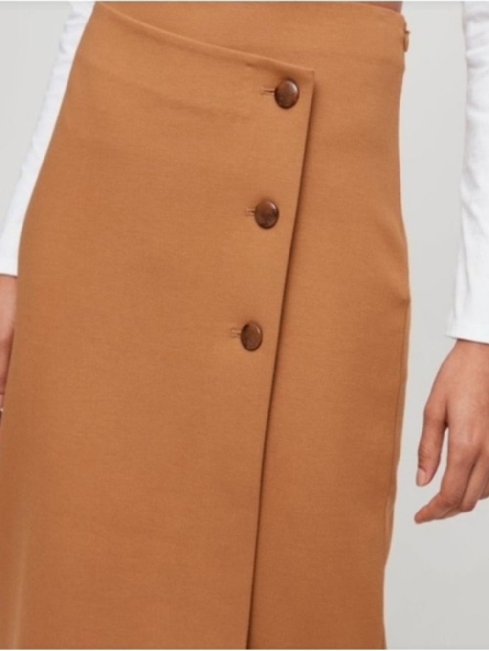 Babaton Knit Faux Wrap Skirt tan color buttoned asymmetrical crossover front 4 - Picture 2 of 16